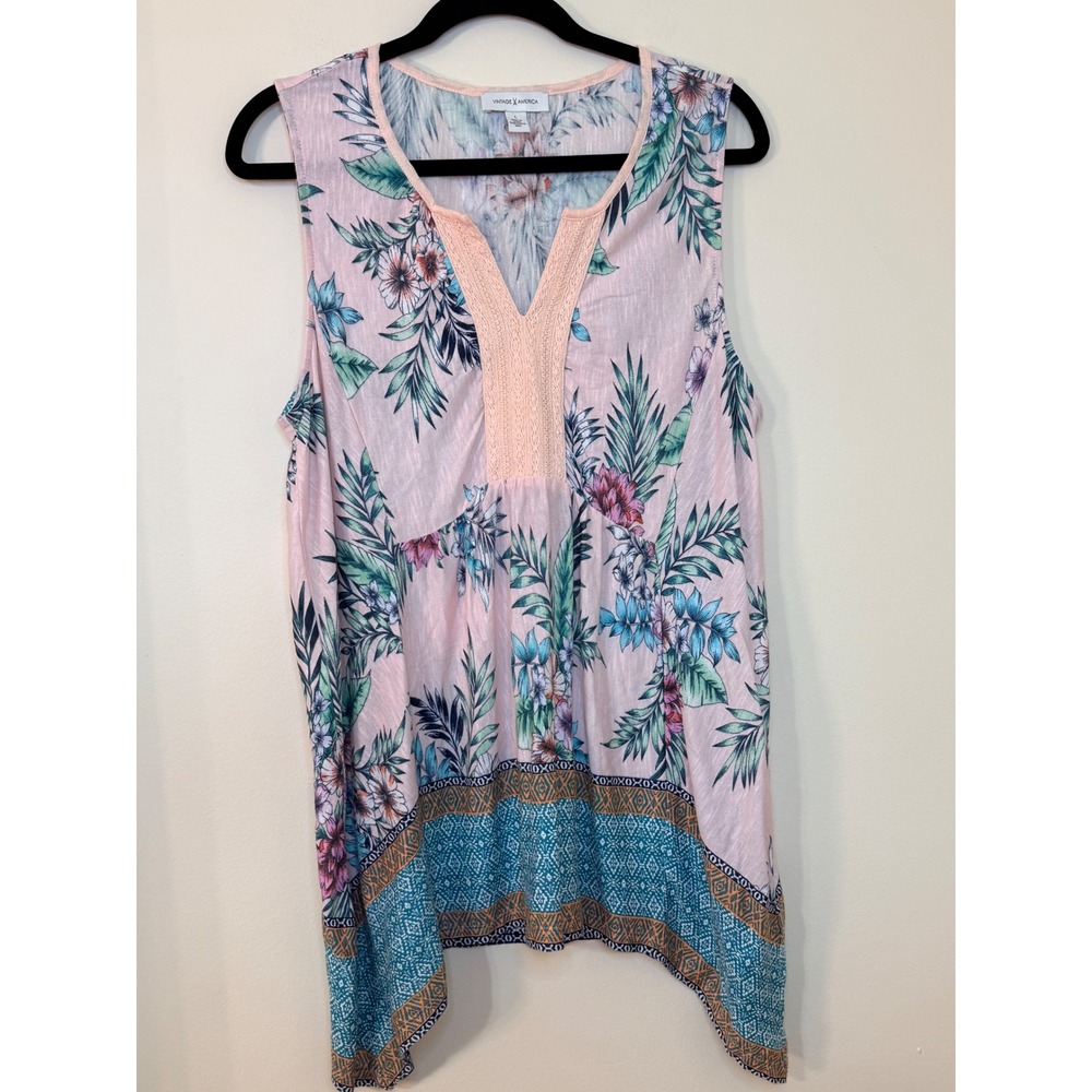 Vintage America Blues Pink Floral Sleeveless V-Neck Handkerchief Hem Top Large